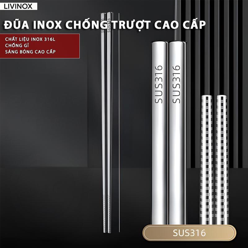 Đũa Inox SUS 316 Cao Cấp LIVINOX Đũa Inox Đầu Khắc Laser Chống Trơn Trượt Chống Gỉ Ẩm Mốc Bền Đẹp Sang Trọng Dễ Dàng Vệ Sinh Dùng Được Cho Máy Rửa Bát