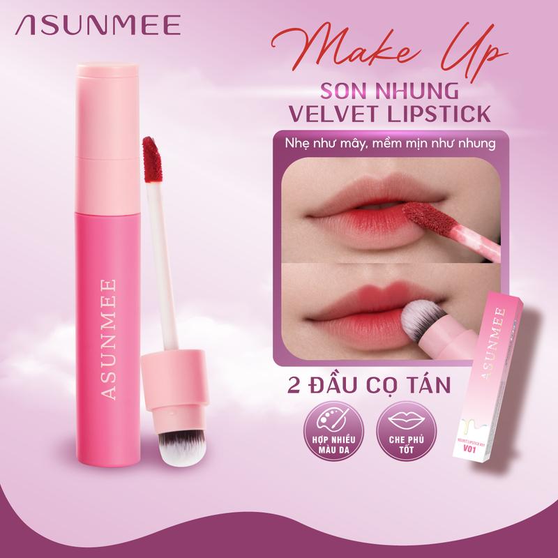 Son Kem Lì ASUNMEE Velvet Cloud Lips Cream Hai Đầu Cọ Chất Son Mỏng Mịn Che Vân Môi Tốt Màu Sắc Thời Thượng 2g