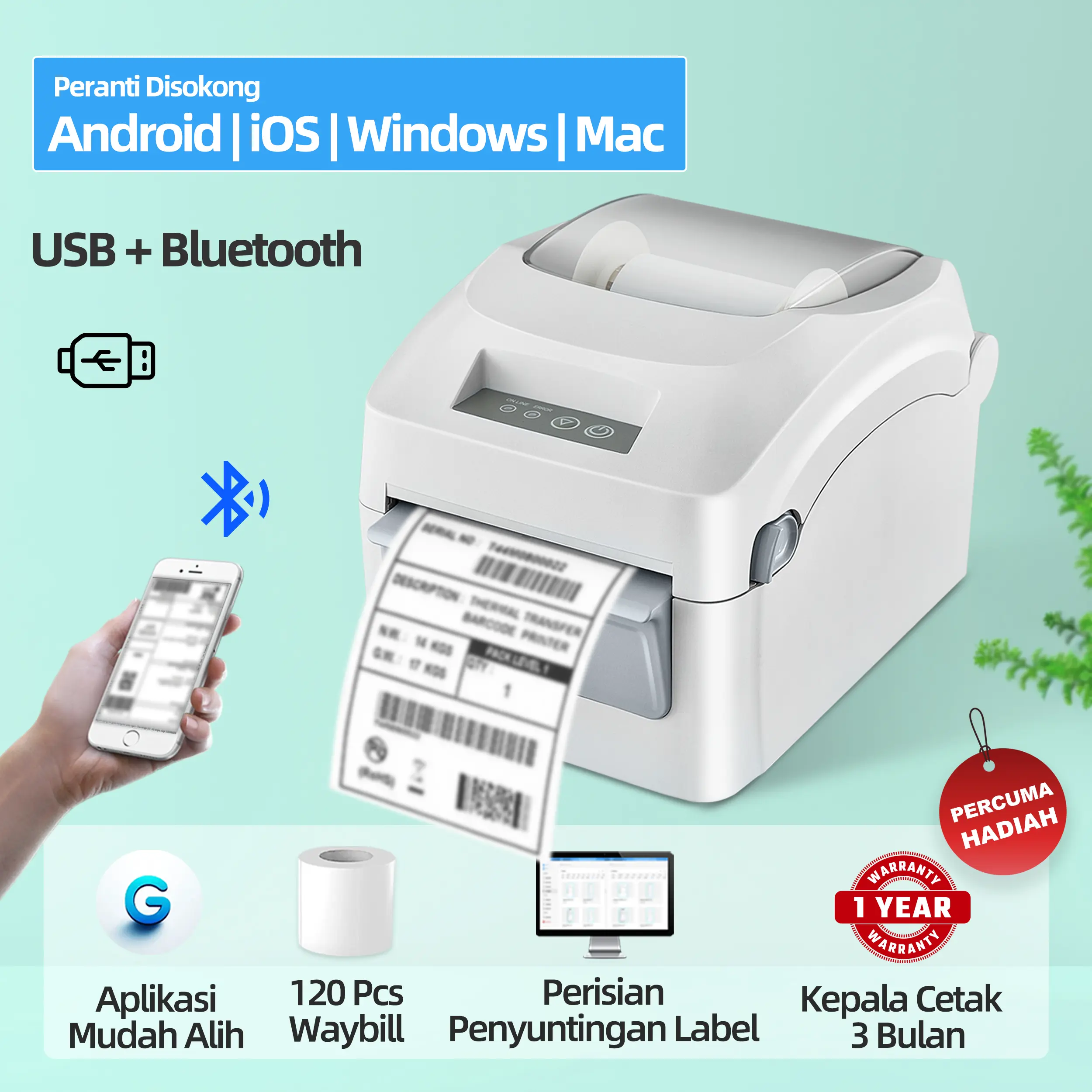 TIMOZIA Pencetak Label Termal, 203DPI Pencetak Label Penghantaran USB-Bluetooth dengan Pemegang Label