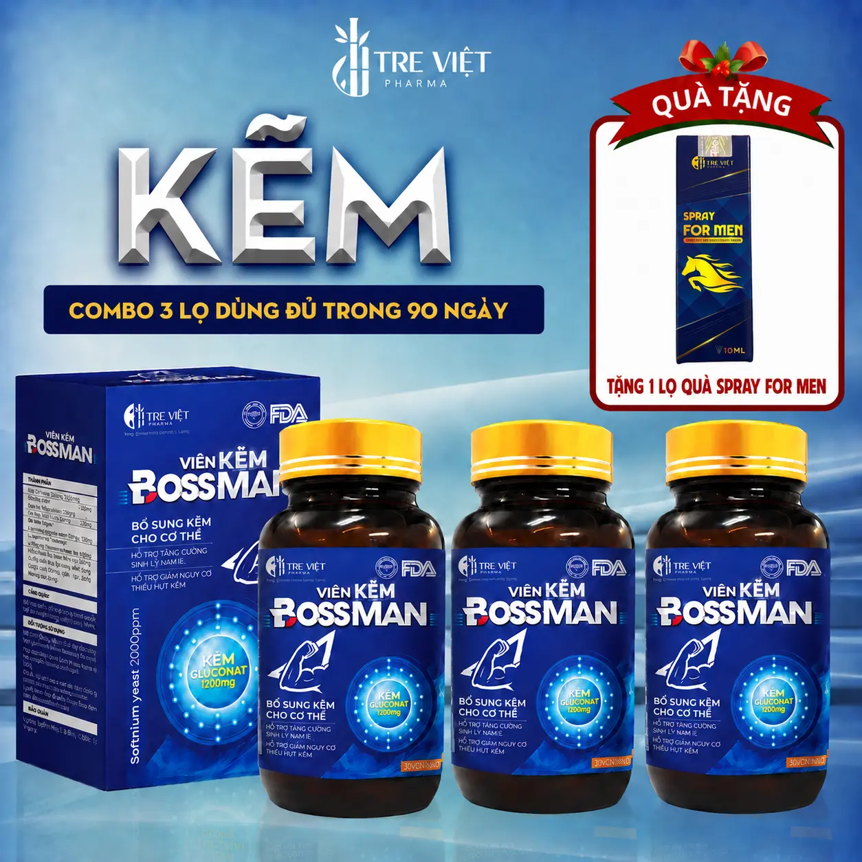 【SALE GIỮA THÁNG - QUÀ TÙY CHỌN】 KẼM BOSS MAN hỗ trợ tăng cường sức khỏe bổ sung kẽm biozinc ( Hộp 3 lọ x30 Viên) - BossMan Huongtreviet tặng một phần quà tùy chọn