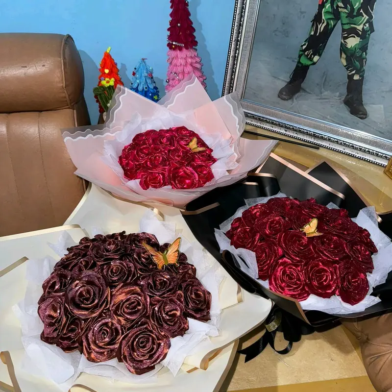 7 Tangkai Bunga Pita Satin Bunga Buket SUDAH ADA GLITTER DAN BATANG NYA ( HANYA BUNGA NYA SAJA ) Tolong Cat Dulu Untuk Warna Bunga nya Buket Wisuda Buket Hadiah 6
