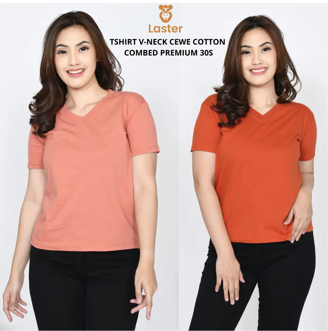 KAOS V-NECK POLOS LENGAN PENDEK WANITA COTTON 30S Atasan
