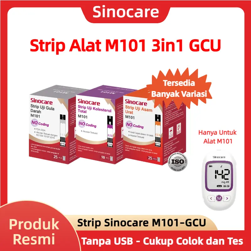 Strip Sinocare Alat M101 – GCU Alat Cek 3in1 Cek Gula Darah, Kolesterol & Asam Urat No Coding Tes 3 1 diabetes strips set lengkap cholesterol band Stick Stik