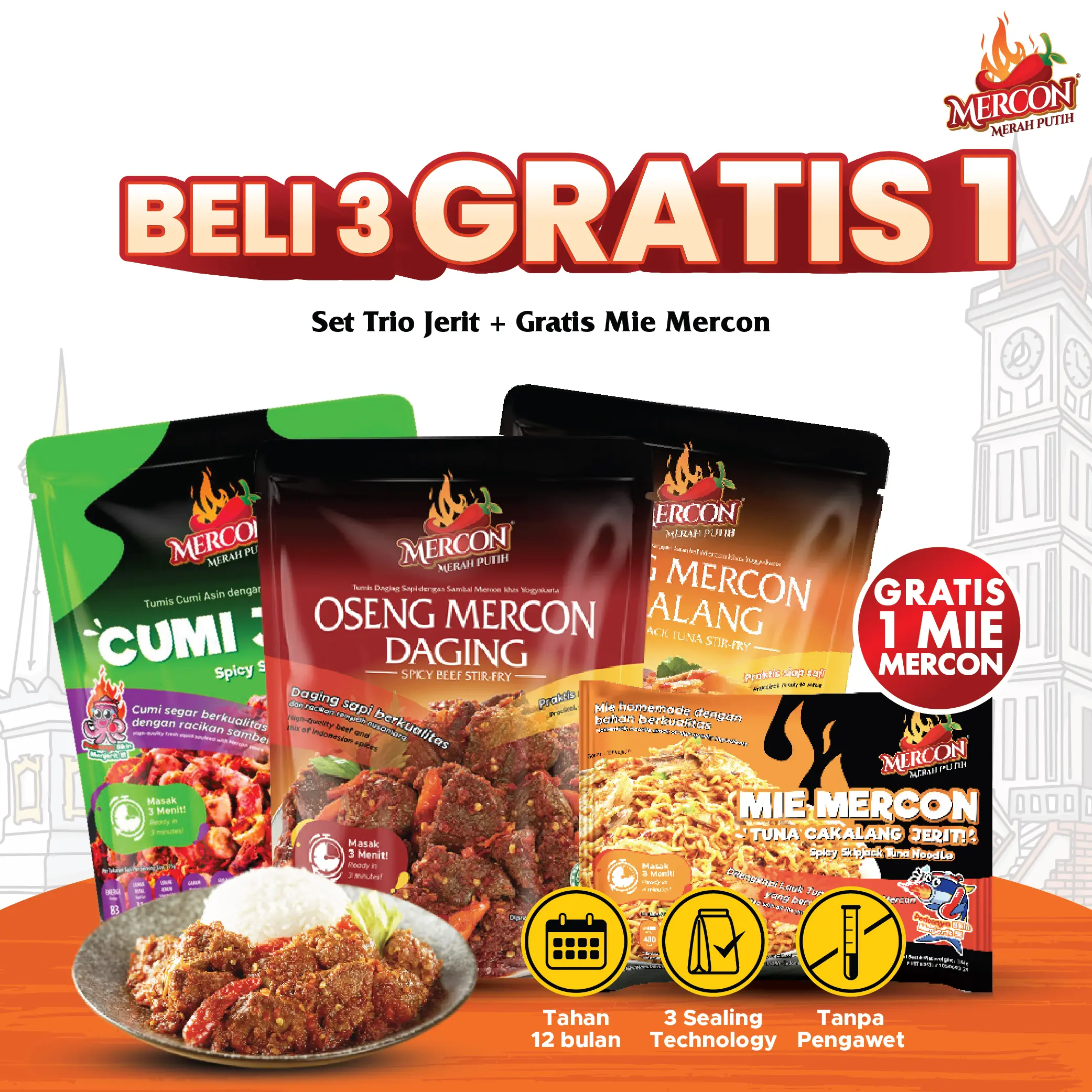 [ BELI 3 GRATIS 1 ] Mercon Merah Putih - Set Trio Jerit || Oseng Mercon Daging + Cumi Jerit Sambal Mercon + Oseng Mercon Cakalang Food Pedas + GRATIS MIE MERCON CAKALANG