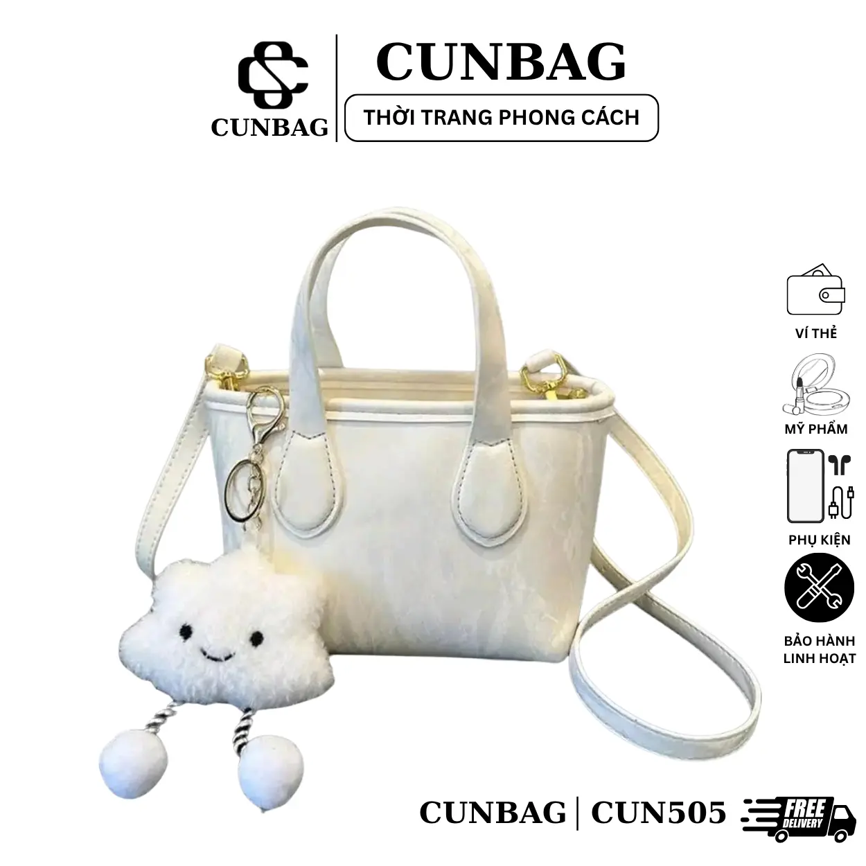 (Tặng Móc Mây) Túi Xách Nữ Dáng Xô Guo Phong Cách New Hàn Quốc Kèm Tag Mây Bag Da CUN505