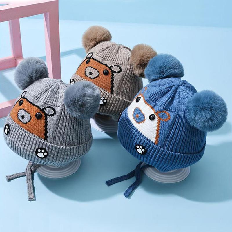 Mũ Dệt Kim Cho Em Bé Thiết Kế Pompom Dễ Thương, Họa Tiết Gấu Hoạt Hình, Dành Cho Trẻ Sơ Sinh Và Trẻ Mới Biết Đi, Có Bảo Vệ Tai, Mũ Len, Ấm Áp Mùa Đông, Chống Gió, Mũ Nắp Ca-Pô 1