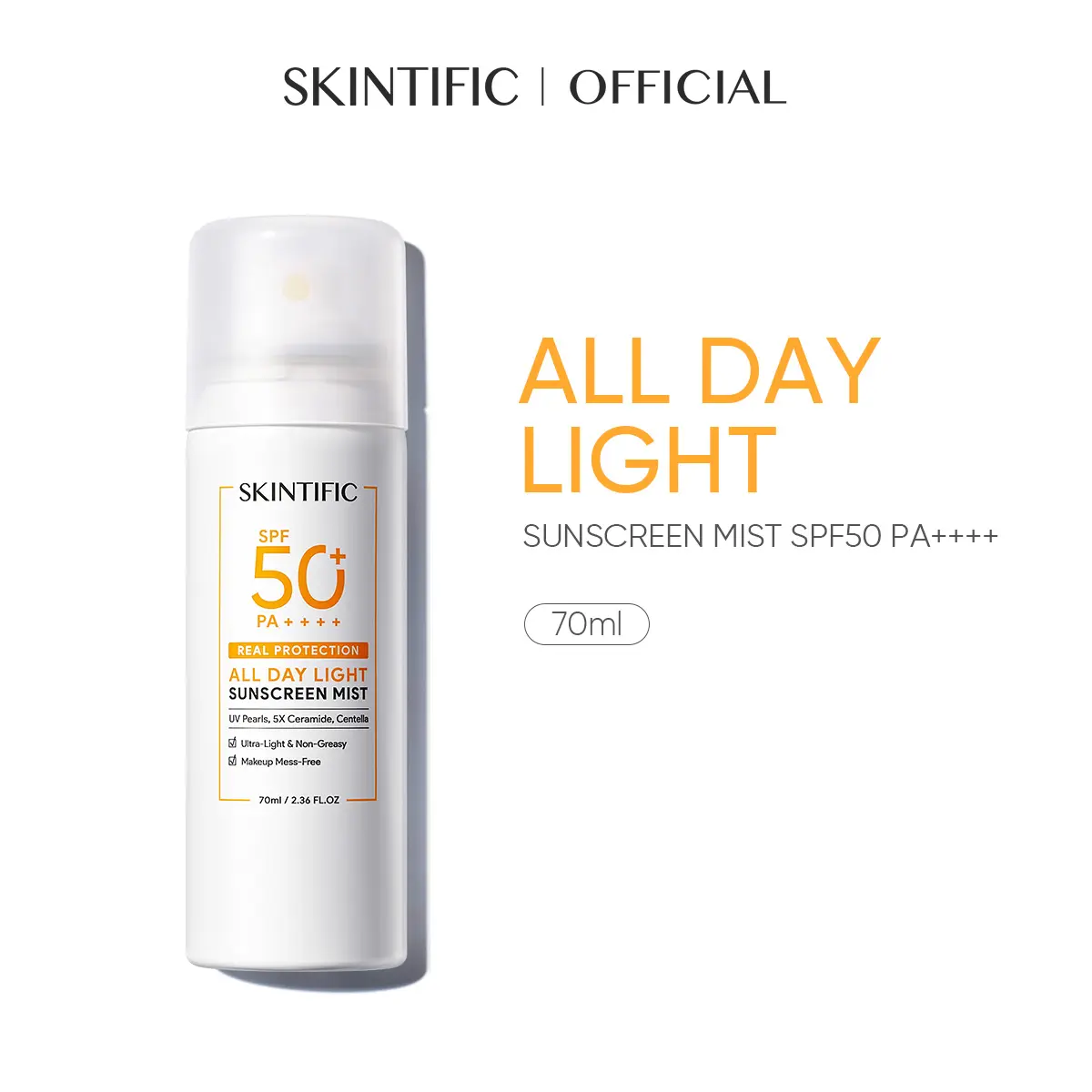 [70ml] SKINTIFIC All Day Light Sunscreen Spray/Mist 70ml Easy to Carry Light weight re-apply travel friendly spf 50+ sensitive acne Sunblock Spray Anti UV Face/Body Spray Facial Skincare Comfort