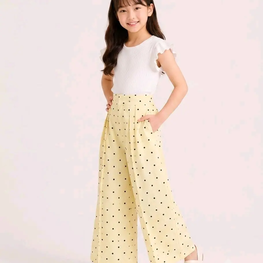 Kolot Polka Cod Anak Perempuan Celana Wide-Leg Trousers Polka Dot Hitam Klasik High-Waisted Nyaman & Elegan