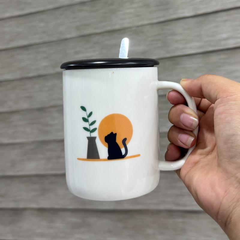  Ly sứ Cốc sứ có quai cầm tráng men cao cấp Tặng kèm muỗng Thiết kế hình mèo đen đơn giản Giao ngẫu nhiên - LY3027 