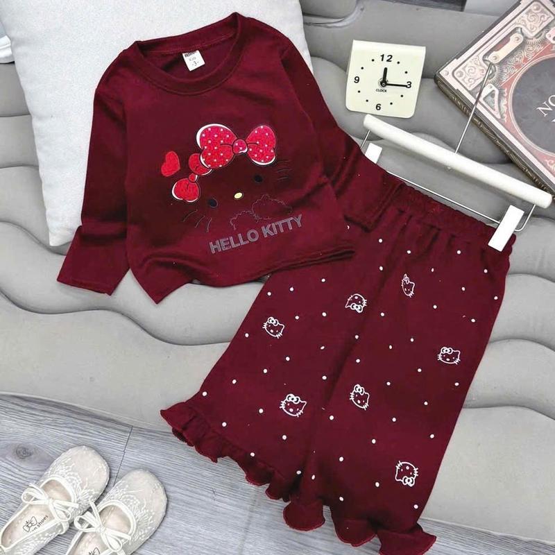  Bộ Quần Áo Xuông Dài Cho Bé Gái in Tràn Đẹp. Hình hello kitty đẹp .Chất su cotton 4 chiều mềm mại sịn sò phối bèo áo xinh xắn 