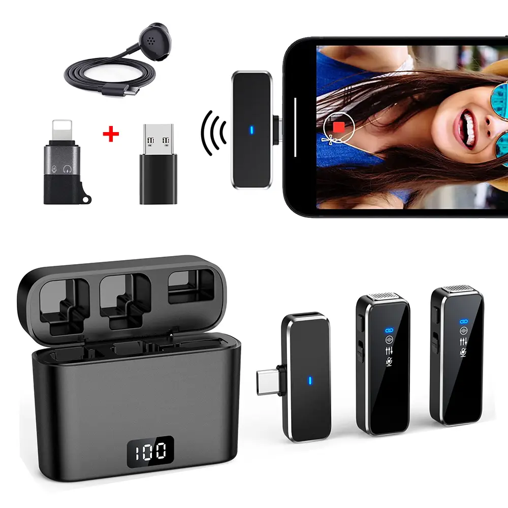 Wireless Lapel Microphone Wireless Lavalier Microphone Mic with Display Charging Box Noise Reduction for Android IOS PC Live Broadcast
