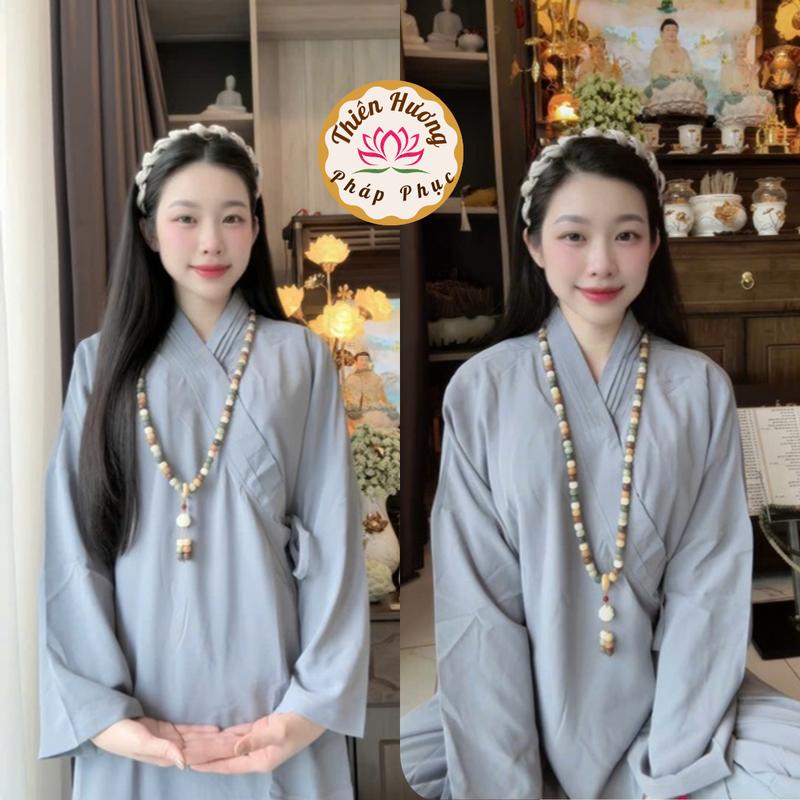 Set Áo tràng phật tử kèm quần lụa tuyết Bộ phật tử truyền thống vạt chéo Áo lam dài tay nữ lụa mềm mịn