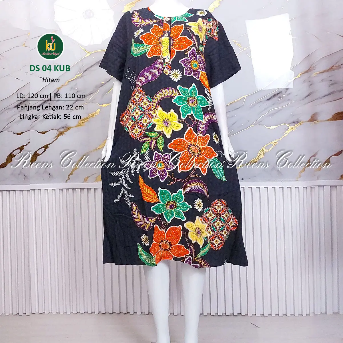 Kencana Ungu Label Biru Daster 04 KUB | Daster Tangan Pendek 3 Kancing Depan Busui Di Bawah Lutut Bunga Rayon Motif Santai Tidur Wanita Batik
