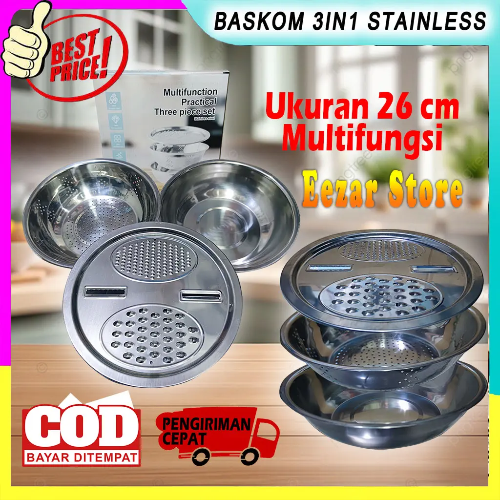 Baskom Stainless 3in1 Parutan Saringan Buah Sayuran Multifungsi 26cm Set Wadah