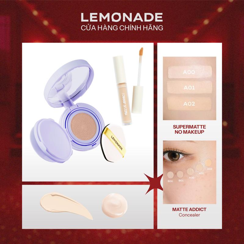Combo 01 Phấn nước mỏng nhẹ kiềm dầu thuần chay chống nắng Lemonade Supermatte No Makeup Cushion 15g và 01 Kem che khuyết điểm Matte Addict Concealer 3g