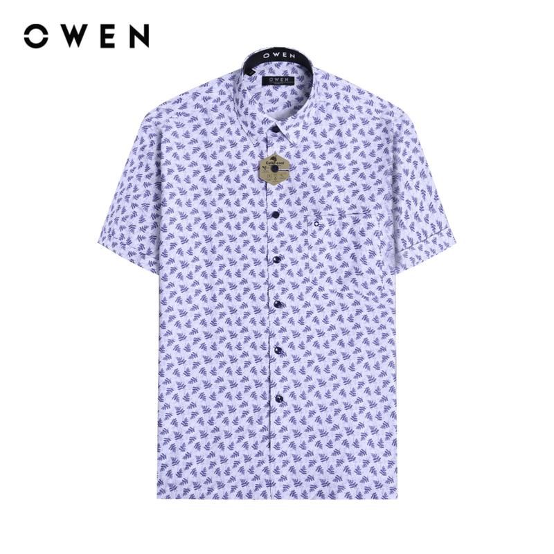 OWEN - Áo sơ mi ngắn tay Áo Sơ mi ngắn tay Body Fit AB230580NT  màu Trắng in navy chất liệu Café hoạ tiết In/thêu Menswear
