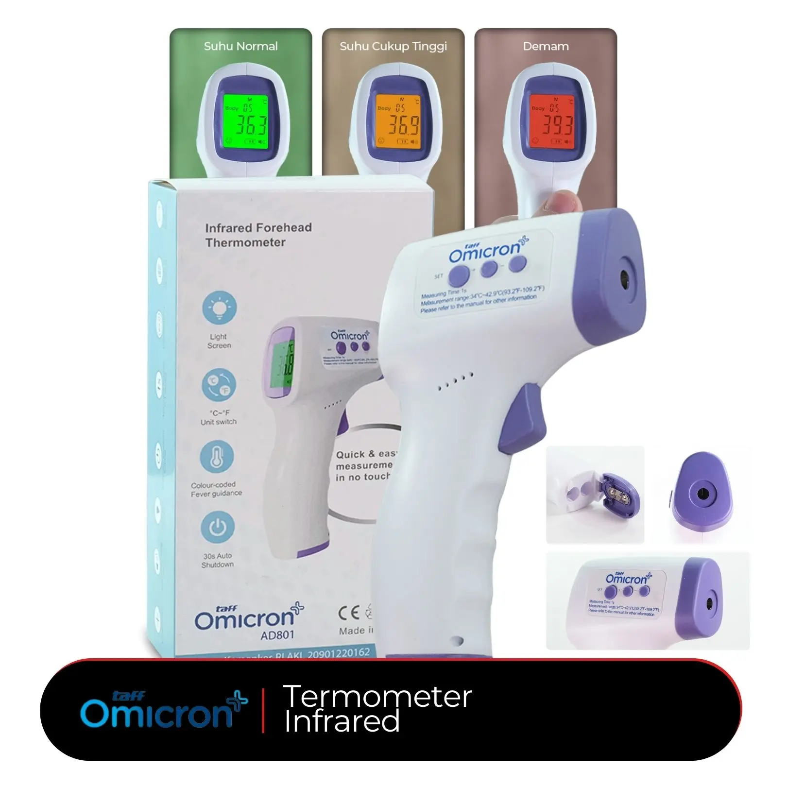 Termometer Digital Infrared Taff Omicron AD 801 untuk Pengukuran Suhu Tubuh yang Akurat Layar Hijau Merah Orange