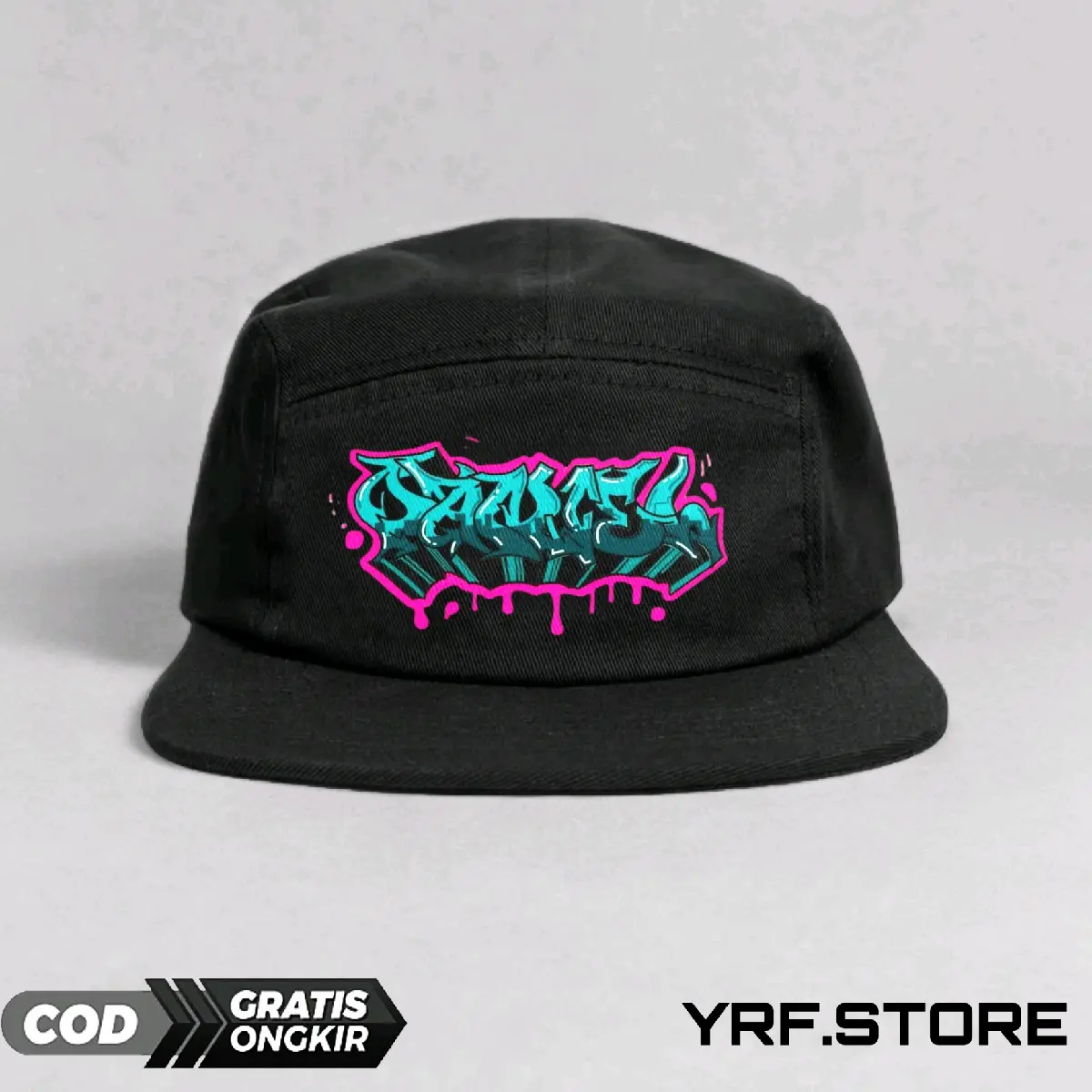 YRF.STORE,topi skena Warna Hitam dengan Logo Sablon Unik GRAFFITI Simpel,topi skena,five panel snapback,topi skena outfit,topi snapback 5 panel