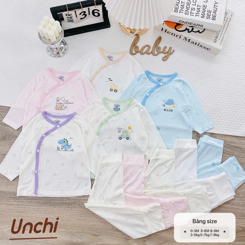 BD51. Bộ sơ sinh cạp cao Unchi chất liệu petit bamboo mềm mỏng, trắng in kín họa tiết cho bé sơ sinh từ 3-9kg