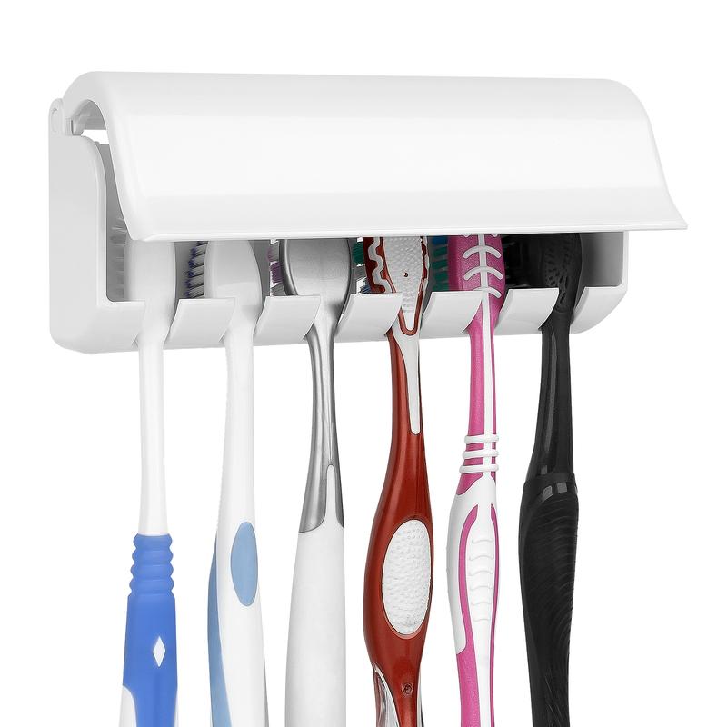 Product Introduction of Wallmount Toothbrush Holder with Cover for Shower, RV Cabinet Organizer, Plastic Self Adhesive 6 Slots Tooth Brush Hanger Compatible with Oral-B CrossAction, Colgate Extra Clean 6