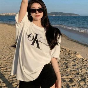 レディース サマープリント ラウンドネック ドロップショルダー ゆったり カジュアル Tシャツ