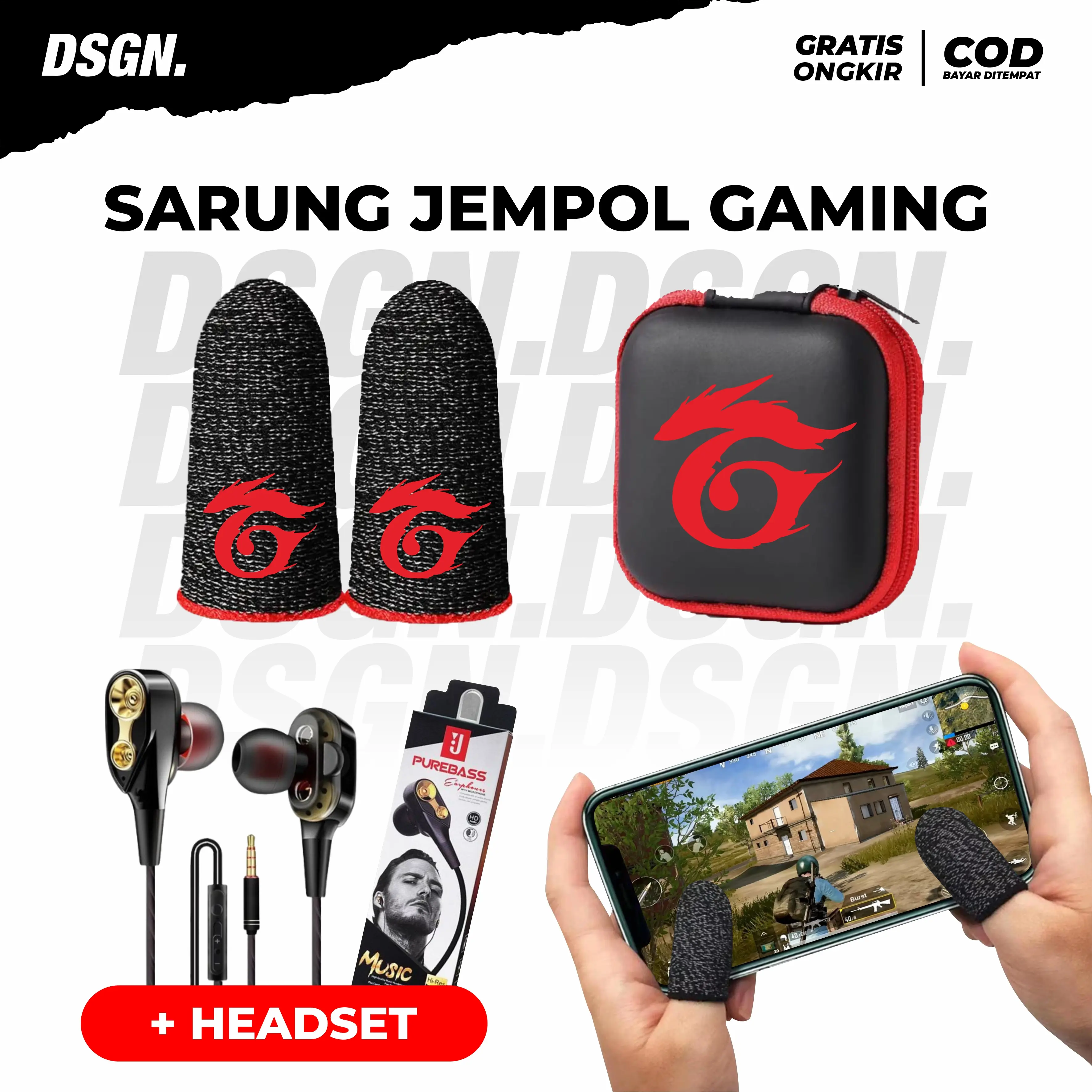 PAKET GAME 3IN1 GARENA SARUNG JEMPOL GAMING ANTI KERINGAT + HEADSET PREMIUM GAME PUBG MOBILE LEGENDS FREE FIRE