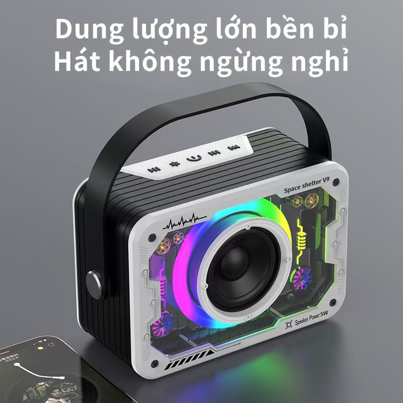 Loa V9 kết nối với điện thoại, máy tính bảng,... tiện lợi, nhanh chóng qua Bluetooth. âm thanh bass tốt, hỗ trợ thẻ nhớ TF, âm thanh lớn, chất âm tốt, đèn led nhiều màu sắc tạo nên không khí sôi động khi nghe nhạc 1