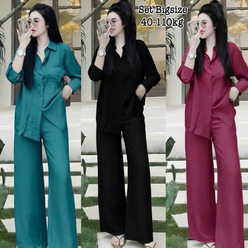  Thời Trang Nữ Bigsize 50-95kg - Set Bộ Nữ Áo Sơ Mi Nữ Tay Dài Phối Quần Dài Form Rộng Thoải Mái Bigsize Chất Đũi Vân Mây Mềm Mịn Mát Xinh Đẹp Cao Cấp Thanh Lịch Sang Trọng Dễ Thương Freesize 50-95kg Top Áo Sơ Mi Croptop Women - 2497 