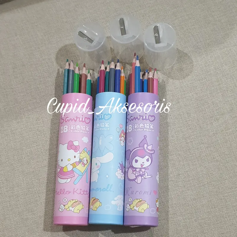 18 PCS PENSIL WARNA DENGAN TEMPAT PENSIL BULAT COLOR PENCIL + RAUTAN KUROMI HELLO KITTY CINNAMONROLL 3