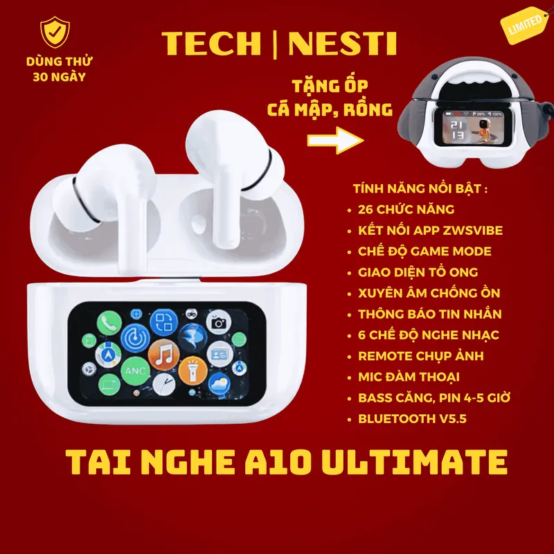 Tai Nghe A10 Ultimate Loại Xịn 26 Chức Năng,Giao Diện Tổ Ong, Kết Nối App, Chống ồn ENC/ANC, Kháng nước IPX6, EQ Cân bằng âm thanh, Phù hợp mọi dòng máy