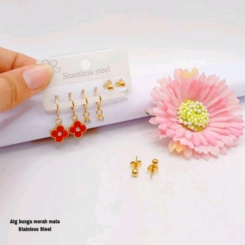 anting bunga korea satu set titanium terbaru anti luntur dan karat Elegan Hadiah 2