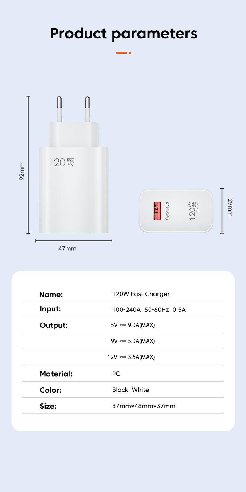 Product Introduction of 120W USB Charger EU/US/UK Standard Super Fast Charging Mobile Phone QC 3.0 Charger Head for iPhone Samsung Galaxy S24 S23 Plus Huawei Xiaomi Redmi Oppo Vivo Y100 Adapter Portable Cellphone Smartphone Electronic 25