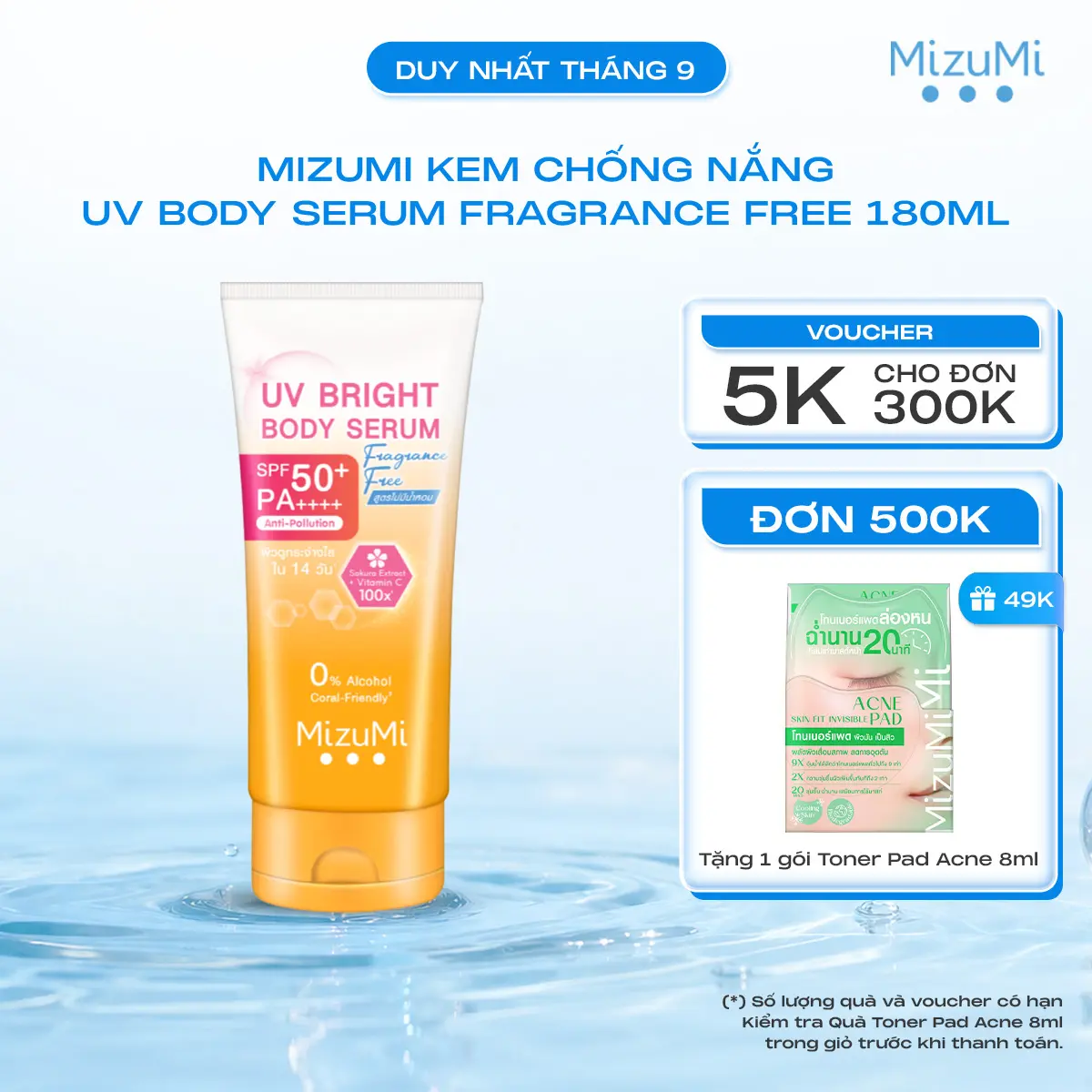 Kem Chống Nắng Mizumi UV Bright Body Serum Fragrance Free SPF50+ PA++++ 180ml