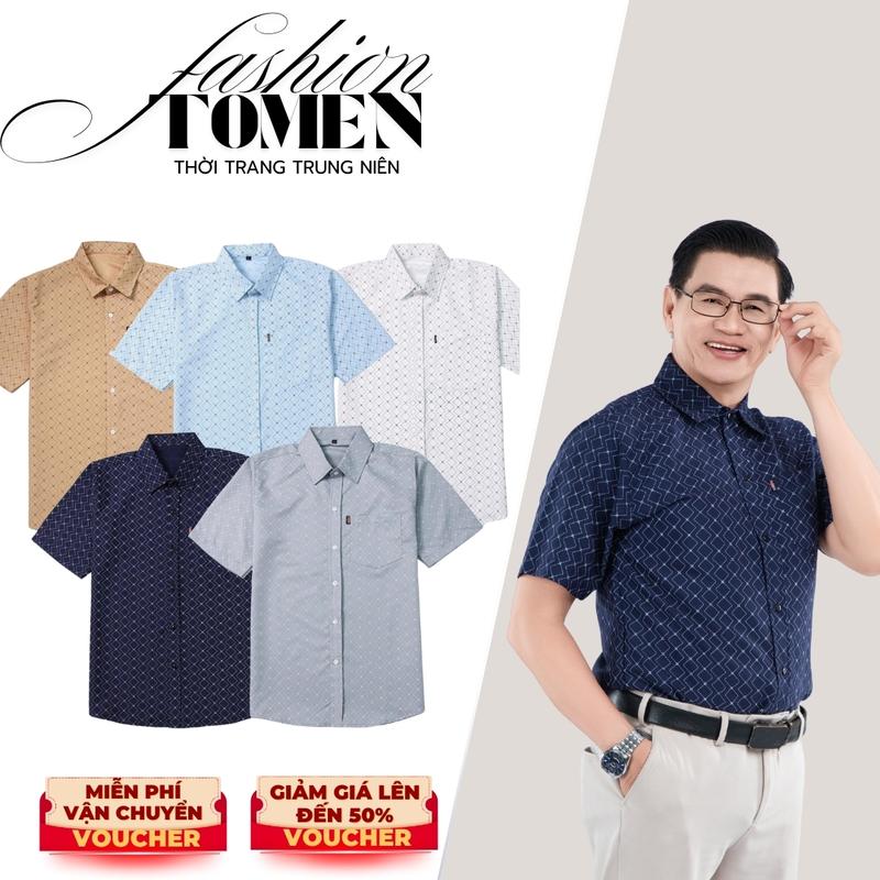  Tomen Áo Sơ Mi Nam Trung Niên Ngắn Tay Vải Lụa Cao Cấp Họa Tiết HÌNH THOI CHẤM BI BI VUÔNG Thoải Mái Cho Người Lớn Tuổi Phù Hợp Mặc Ở Nhà Đi Chơi Hay Công Sở 