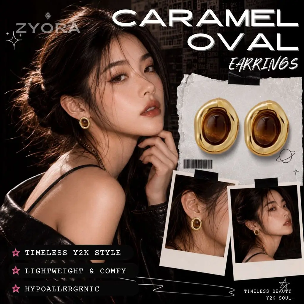 Anting Oval Amber Gold Vintage/Caramel Oval Earrings/Retro Luxe Statement Stud