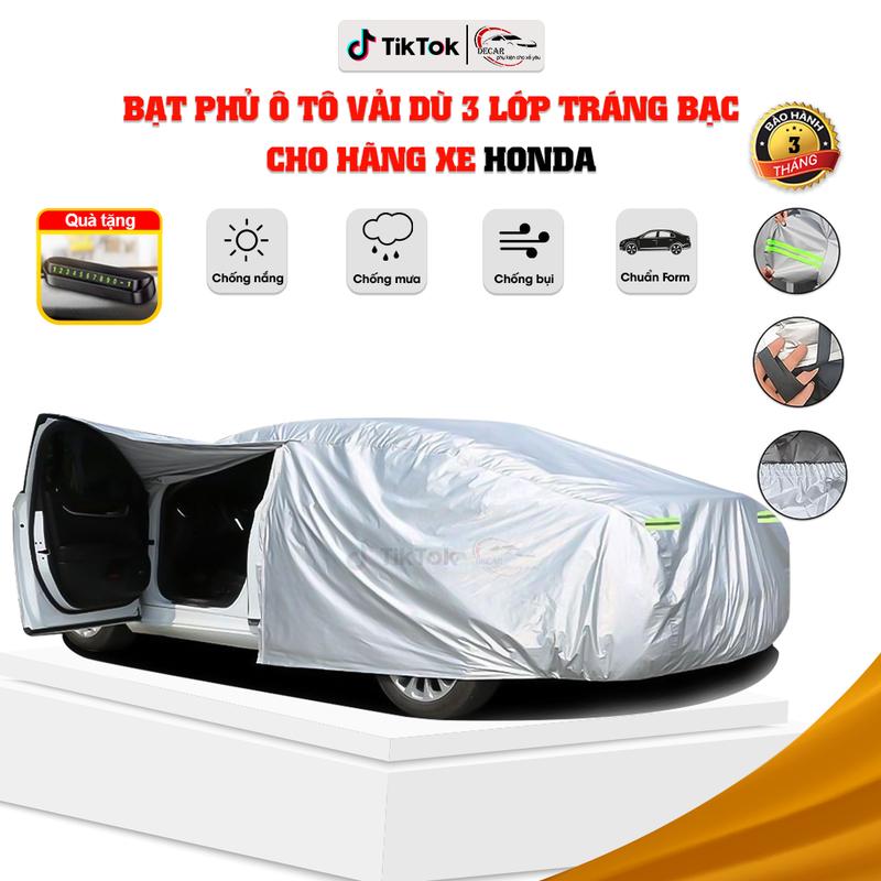 [Bạt Phủ HONDA] Bạt phủ xe ô tô vải dù oxford 3 lớp tráng bạc cao cấp, bạc phủ chùm kín xe hơi chống nắng chống mưa, bụi bẩn bền bỉ, áo trùm bảo vệ xe oto Honda Brio, City, Civic, HR-V, CR-V, Accord, Jazz, 4 chỗ, 5 chỗ, 7 chỗ và bán tải Phủ xe