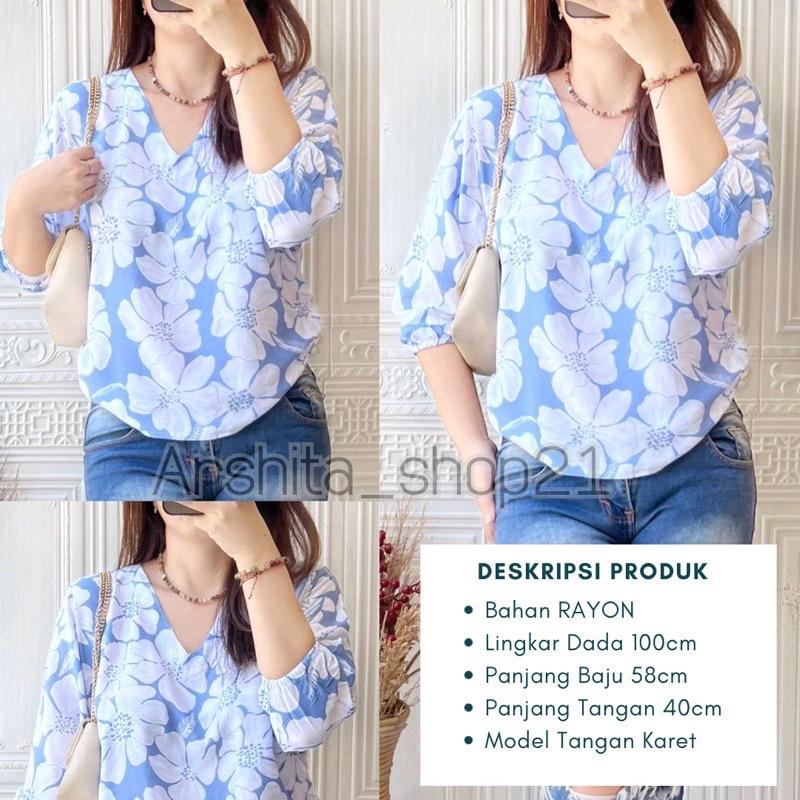 HANA [01] BLOUSE || [B01101] ATASAN WANITA TERLARIS BAHAN RAYON PREMIUM BLOUSE KEKINIAN LEHER V SIMPLE ELEGAN TANGAN 7/8 KARET MOTIF TERBARU