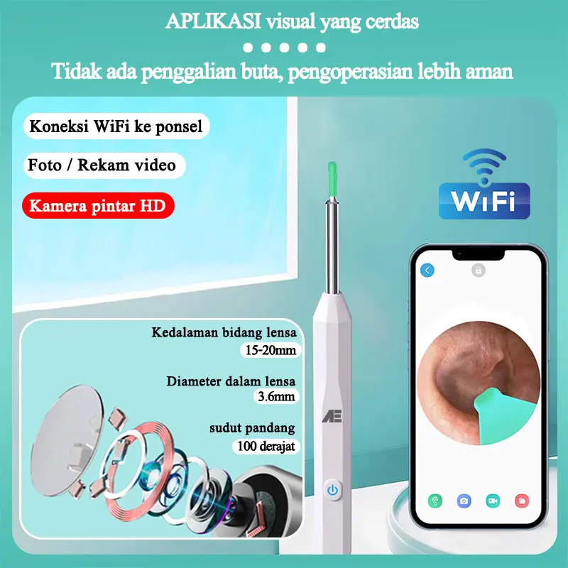AE HD Korek Kuping Kamera Pembersih Telinga Kamera Korek Pembersih Kuping Bayi WIFI Hubungkan APP Video/Fotografi cotton  bud  telinga 2