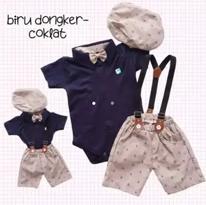 Baju bayi laki setelan suspender topi pakaian kondangan anak Lembut Cowok