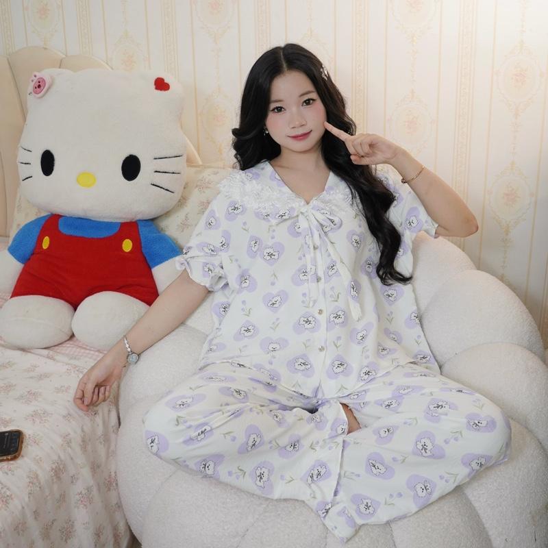 CỘC DÀI bộ ngủ dài tay nữ tiểu thư cổ ren bèo vải đũi mùa hè mặc đi ngủ mát mẻ thoải mái Women Quần Ngủ Áo Ngủ Cotton