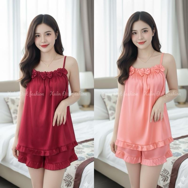  Đồ Bộ Ngủ 2 Dây Lụa Xước Ánh Kim Đính 3 Nơ Xinh Xắn Áo Quần nhún bèo  Bigsize 40-75kg  - Nữ 
