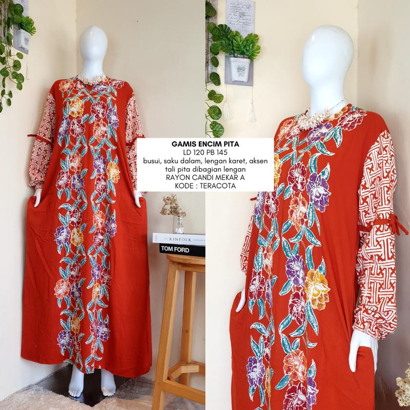 gamis encim pita  LD 110-120 | busui friendly | gamis batik cap colet premium rayon candi mekar Muslim Dress Wanita 1