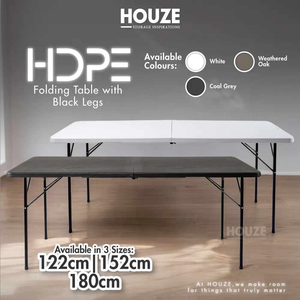 HOUZE - 80cm | 86cm | 120cm | 150cm | 180cm HDPE Folding Table with Black | White Legs - Portable | Plastic | Outdoor