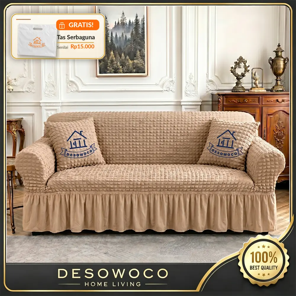 DESOWOCO Cover Sofa Sarung Sofa Elastic Sofa Cover With Skirt Stretch / Sarung Alas Penutup Sofa Renda Elastis Corak Motif