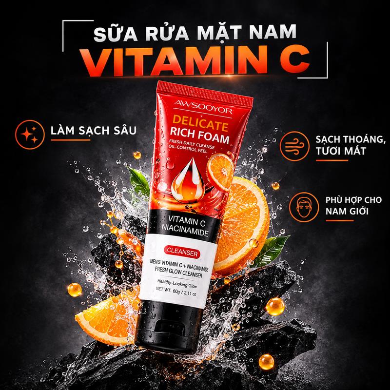 Sữa Rửa Mặt Nam Vitamin C Niacinamide Tạo Bọt Facial Cleanser 60g