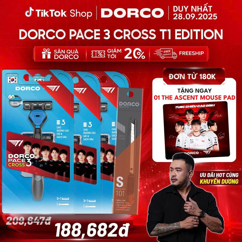   TẶNG MOUSE PAD | MEGALIVE 28 09  DORCO PACE 3 CROSS T1 Edition - Combo 3 Bộ Dao Cạo Râu Hàn Quốc 3 Lưỡi  Mỗi Bộ Gồm 1 Cán và 4 Đầu Cạo  + Dao Rọc Giấy Dorco 