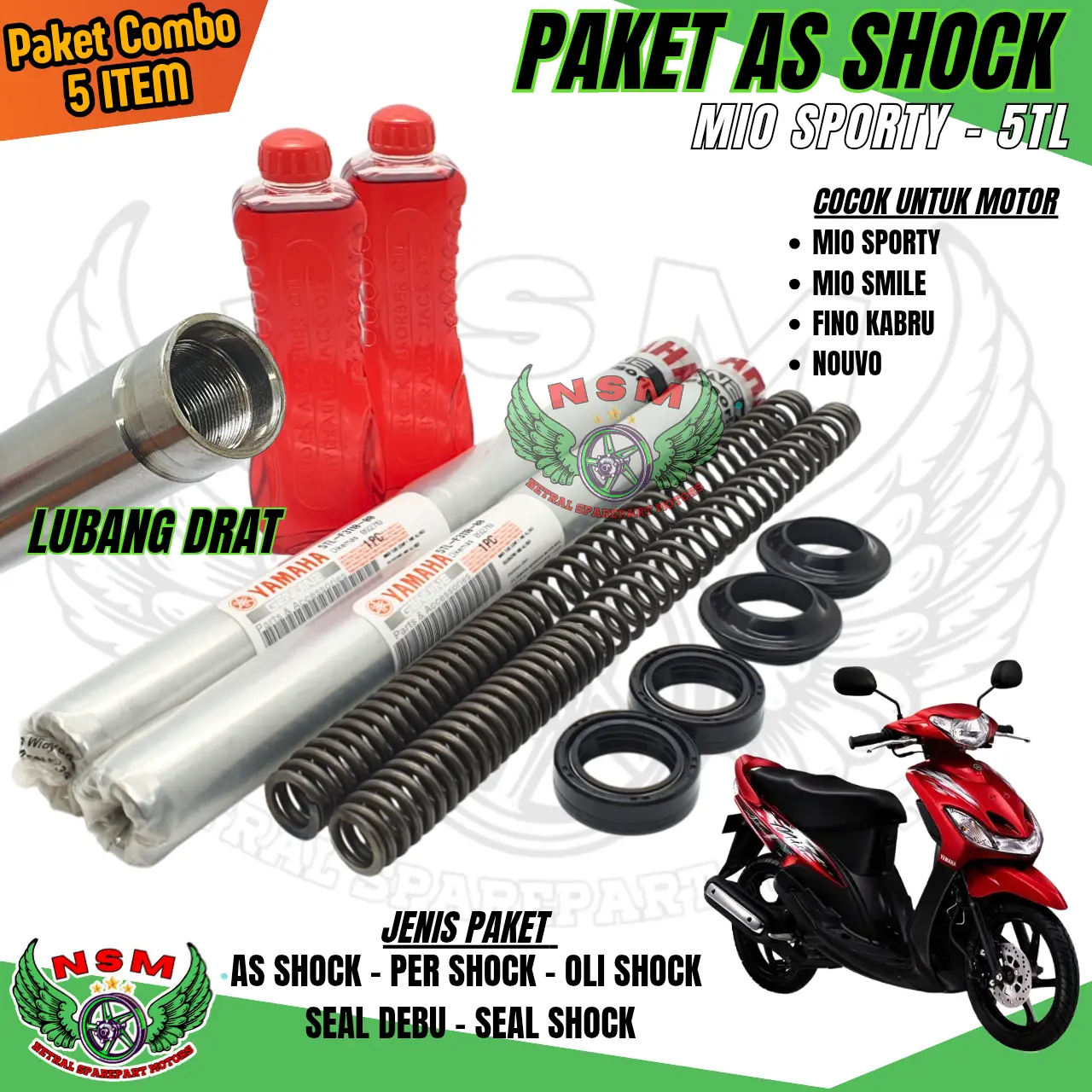 Paket As Shock Mio Sporty 5 item Mio Smile Nouvo Fino Karbu / Paketan Per Shock + As Shock + Oli Shock + Seal Debu + Seal Shock Mio lama 5tl