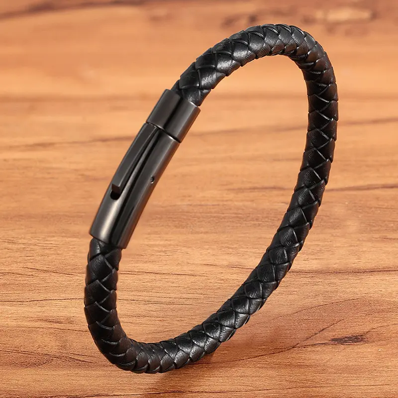 Gelang Kulit Pria Stainless Steel Hitam Klasik Model 2025 - Men 0