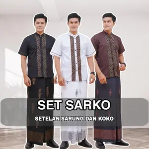 Setelan Sarko Baju Koko Lengan Pendek Dan Sarung Motif Sarang Tawon Dewasa Santri Muslim