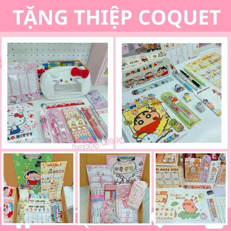 Tặng thiệp - Set full đồ dùng học tập hello kitty capy bara nhãn vở, thước kẻ bút, túi bút